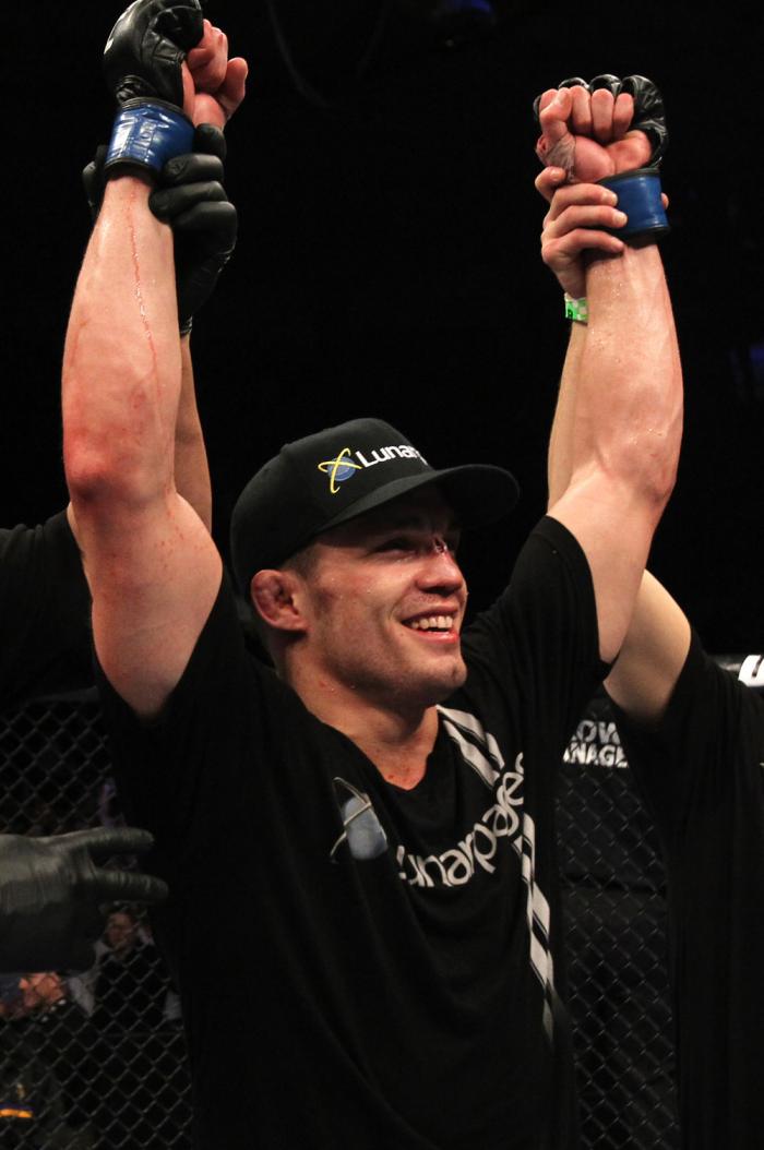OMAHA, NE - FEBRUARY 15: Jake Ellenberger reacts after his victory over Diego Sanchez during the UFC on FUEL TV event at Omaha Civic Auditorium on February 15, 2012 in Omaha, Nebraska. (Photo by Josh Hedges/Zuffa LLC/Zuffa LLC via Getty Images) *** Loca