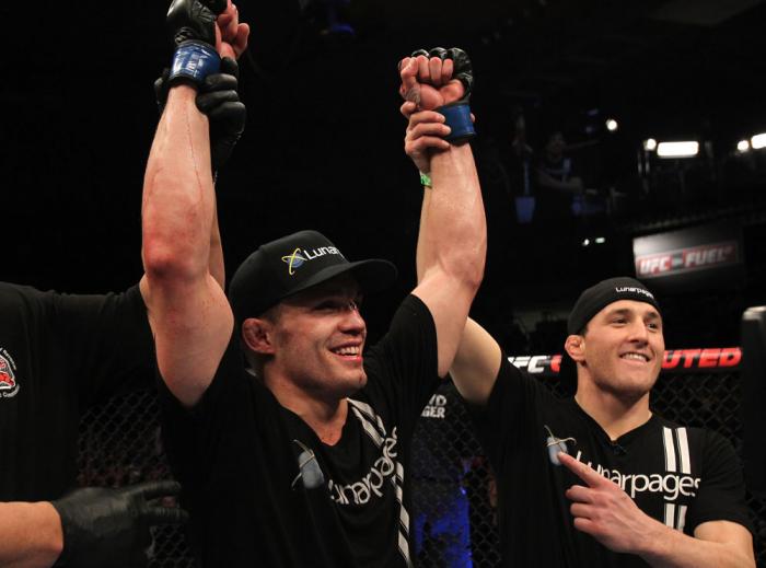 OMAHA, NE - FEBRUARY 15: Jake Ellenberger reacts after his victory over Diego Sanchez during the UFC on FUEL TV event at Omaha Civic Auditorium on February 15, 2012 in Omaha, Nebraska. (Photo by Josh Hedges/Zuffa LLC/Zuffa LLC via Getty Images) *** Loca