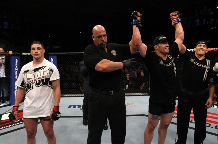 OMAHA, NE - FEBRUARY 15: Jake Ellenberger (R) reacts after his victory over Diego Sanchez (L) during the UFC on FUEL TV event at Omaha Civic Auditorium on February 15, 2012 in Omaha, Nebraska. (Photo by Josh Hedges/Zuffa LLC/Zuffa LLC via Getty Images)