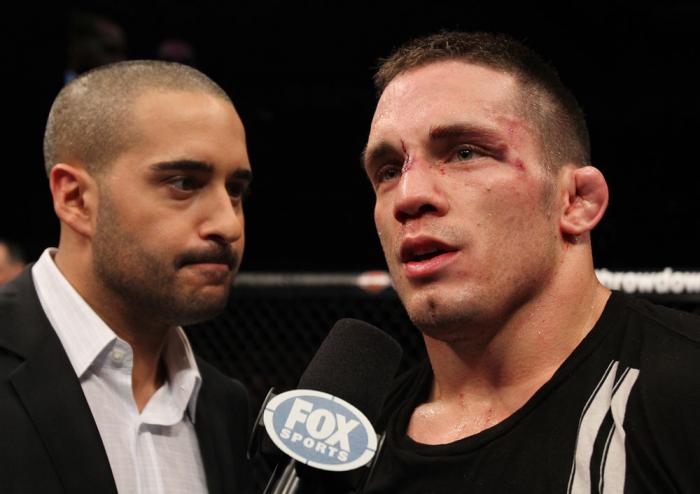 OMAHA, NE - FEBRUARY 15: Jake Ellenberger (R) is interviewed by Jon Anik after his victory over Diego Sanchez during the UFC on FUEL TV event at Omaha Civic Auditorium on February 15, 2012 in Omaha, Nebraska. (Photo by Josh Hedges/Zuffa LLC/Zuffa LLC vi