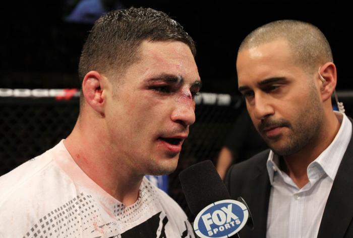 OMAHA, NE - FEBRUARY 15: Diego Sanchez (L) is interviewed by Jon Anik after his decision loss to Jake Ellenberger during the UFC on FUEL TV event at Omaha Civic Auditorium on February 15, 2012 in Omaha, Nebraska. (Photo by Josh Hedges/Zuffa LLC/Zuffa LL
