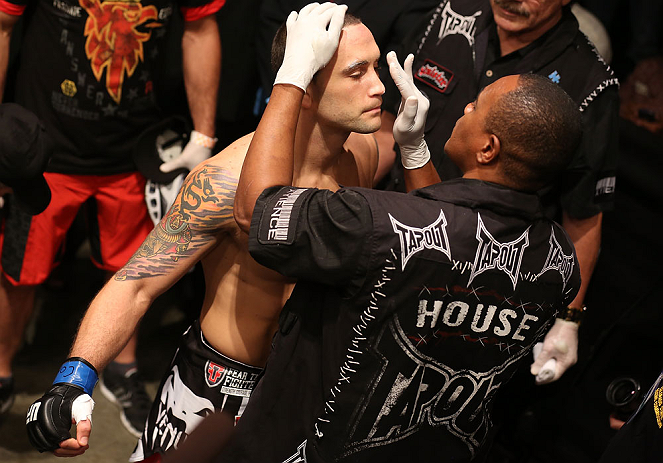 DENVER, CO - AUGUST 11: Frankie Edgar prepares to enter the Octagon before his bout against Benson Henderson at UFC 150 inside Pepsi Center on August 11, 2012 in Denver, Colorado. (Photo by Nick Laham/Zuffa LLC/Zuffa LLC via Getty Images)