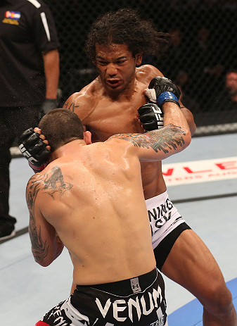 DENVER, CO - AUGUST 11: (R-L) Benson Henderson punches Frankie Edgar during their lightweight championship bout at UFC 150 inside Pepsi Center on August 11, 2012 in Denver, Colorado. (Photo by Nick Laham/Zuffa LLC/Zuffa LLC via Getty Images)