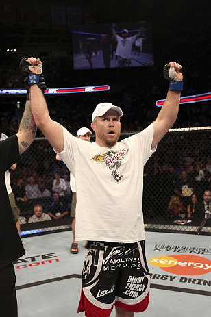 CALGARY, CANADA - JULY 21: (L-R) Tim Boetsch celebrates after defeating Hector Lombard during their middleweight bout at UFC 149 inside the Scotiabank Saddledome on July 21, 2012 in Calgary, Alberta, Canada. (Photo by Nick Laham/Zuffa LLC/Zuffa LLC via