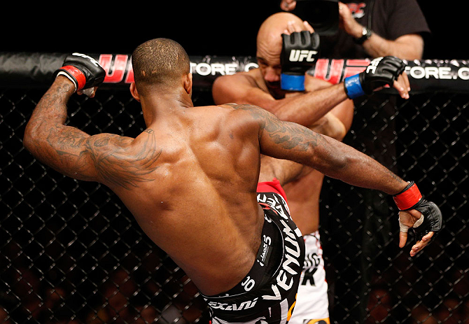 LONDON, ENGLAND - FEBRUARY 16: (L-R) Jimi Manuwa kicks Cyrille Diabate in their light heavyweight fight during the UFC on Fuel TV event on February 16, 2013 at Wembley Arena in London, England. (Photo by Josh Hedges/Zuffa LLC/Zuffa LLC via Getty Images)