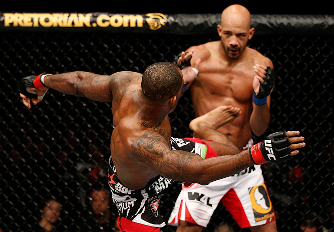 LONDON, ENGLAND - FEBRUARY 16: (L-R) Jimi Manuwa kicks Cyrille Diabate in their light heavyweight fight during the UFC on Fuel TV event on February 16, 2013 at Wembley Arena in London, England. (Photo by Josh Hedges/Zuffa LLC/Zuffa LLC via Getty Images)