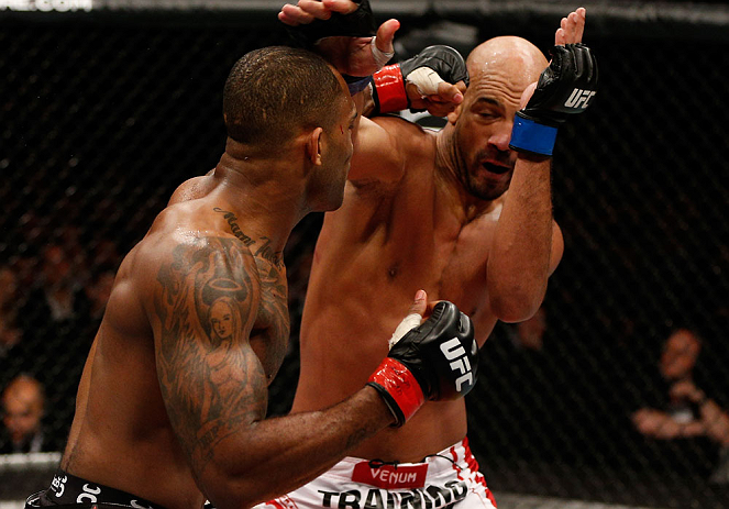 LONDON, ENGLAND - FEBRUARY 16: (L-R) Jimi Manuwa punches Cyrille Diabate in their light heavyweight fight during the UFC on Fuel TV event on February 16, 2013 at Wembley Arena in London, England. (Photo by Josh Hedges/Zuffa LLC/Zuffa LLC via Getty Image