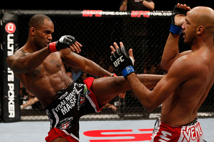 LONDON, ENGLAND - FEBRUARY 16: (L-R) Jimi Manuwa kicks Cyrille Diabate in their light heavyweight fight during the UFC on Fuel TV event on February 16, 2013 at Wembley Arena in London, England. (Photo by Josh Hedges/Zuffa LLC/Zuffa LLC via Getty Images)