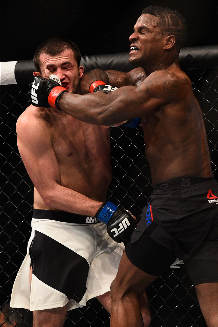 LAS VEGAS, NV - JANUARY 02: (R-L) Lorenz Larkin elbows Albert Tumenov of Russia in their welterweight bout during the UFC 195 event inside MGM Grand Garden Arena on January 2, 2016 in Las Vegas, Nevada. (Photo by Jeff Bottari/Zuffa LLC/Zuffa LLC via Gett