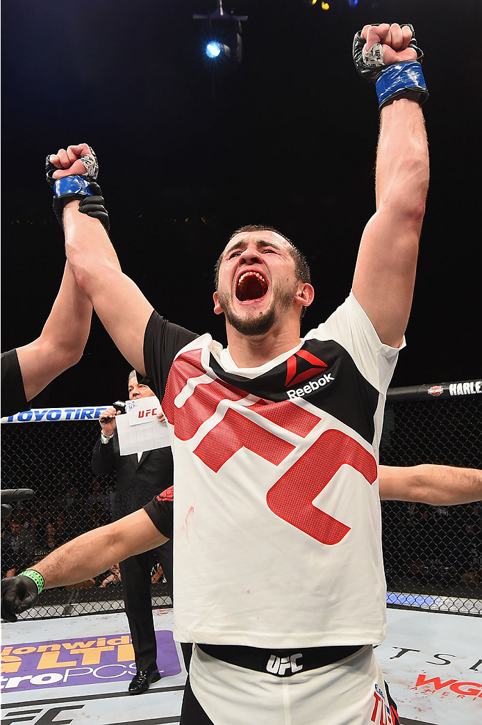 LAS VEGAS, NV - JANUARY 02: Albert Tumenov of Russia reacts to his victory over Lorenz Larkin in their welterweight bout during the UFC 195 event inside MGM Grand Garden Arena on January 2, 2016 in Las Vegas, Nevada. (Photo by Josh Hedges/Zuffa LLC/Zuff