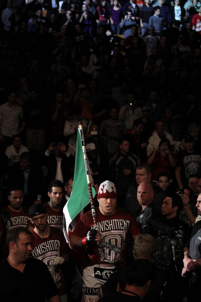 TORONTO, ON - DECEMBER 10: Tito Ortiz enters the arena before his bout against Antonio Rogerio Nogueira during the UFC 140 event at Air Canada Centre on December 10, 2011 in Toronto, Ontario, Canada. (Photo by Nick Laham/Zuffa LLC/Zuffa LLC via Getty Im