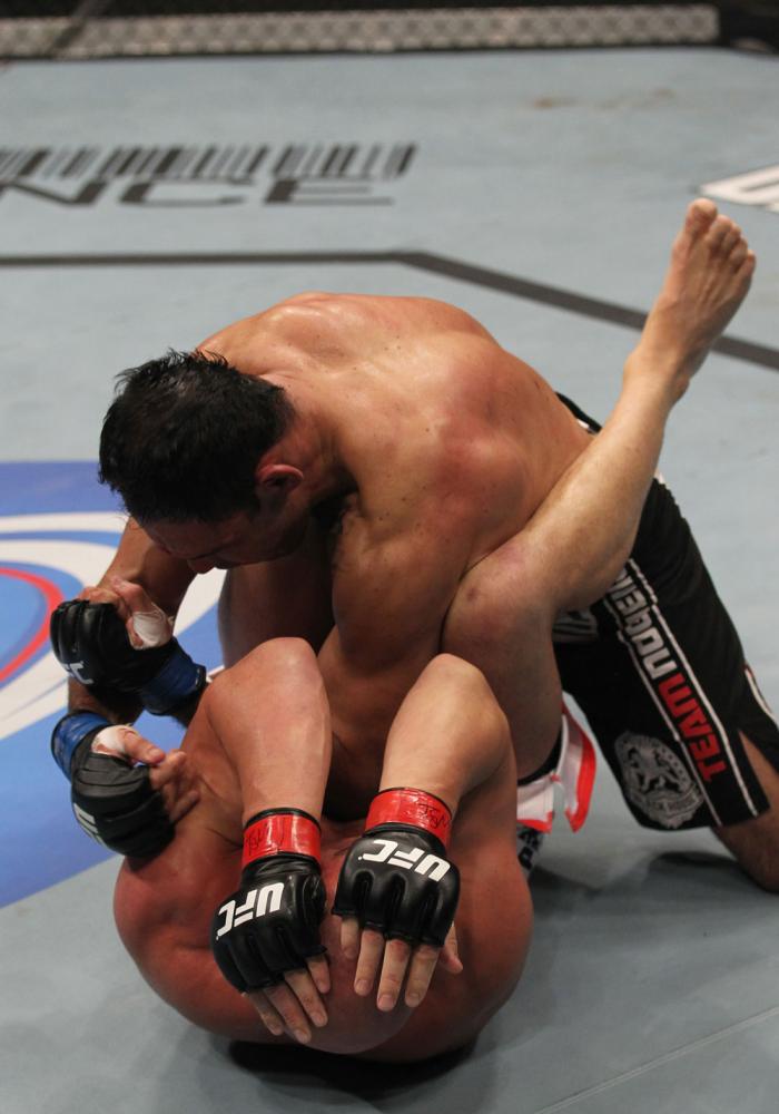TORONTO, ON - DECEMBER 10: Antonio Rogerio Nogueira (top) delivers an elbow strike to the ribs of Tito Ortiz during the UFC 140 event at Air Canada Centre on December 10, 2011 in Toronto, Ontario, Canada. (Photo by Nick Laham/Zuffa LLC/Zuffa LLC via Get