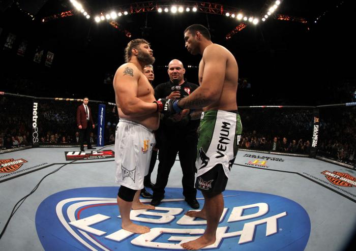 LAS VEGAS, NV - FEBRUARY 04: (L-R) Roy Nelson and Fabricio Werdum touch gloves before their fight during the UFC 143 event at Mandalay Bay Events Center on February 4, 2012 in Las Vegas, Nevada. (Photo by Josh Hedges/Zuffa LLC/Zuffa LLC via Getty Images