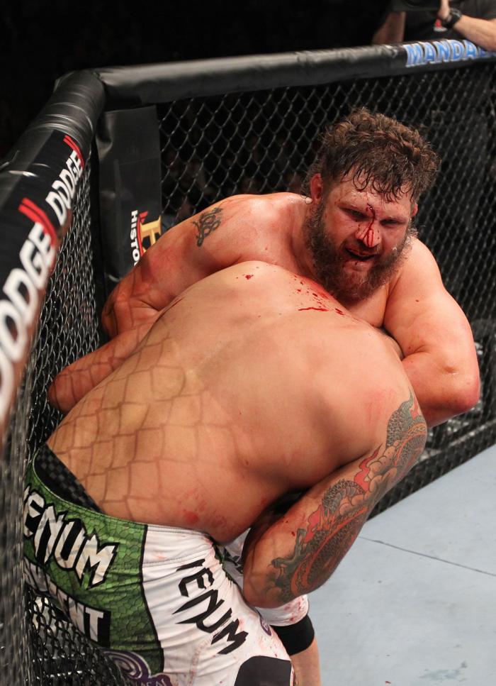 LAS VEGAS, NV - FEBRUARY 04: Roy Nelson attempts to submit Fabricio Werdum during the UFC 143 event at Mandalay Bay Events Center on February 4, 2012 in Las Vegas, Nevada. (Photo by Nick Laham/Zuffa LLC/Zuffa LLC via Getty Images) *** Local Caption ***
