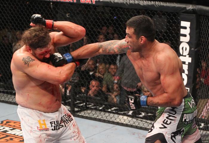 LAS VEGAS, NV - FEBRUARY 04: Fabricio Werdum (right) punches Roy Nelson during the UFC 143 event at Mandalay Bay Events Center on February 4, 2012 in Las Vegas, Nevada. (Photo by Nick Laham/Zuffa LLC/Zuffa LLC via Getty Images) *** Local Caption *** Fab