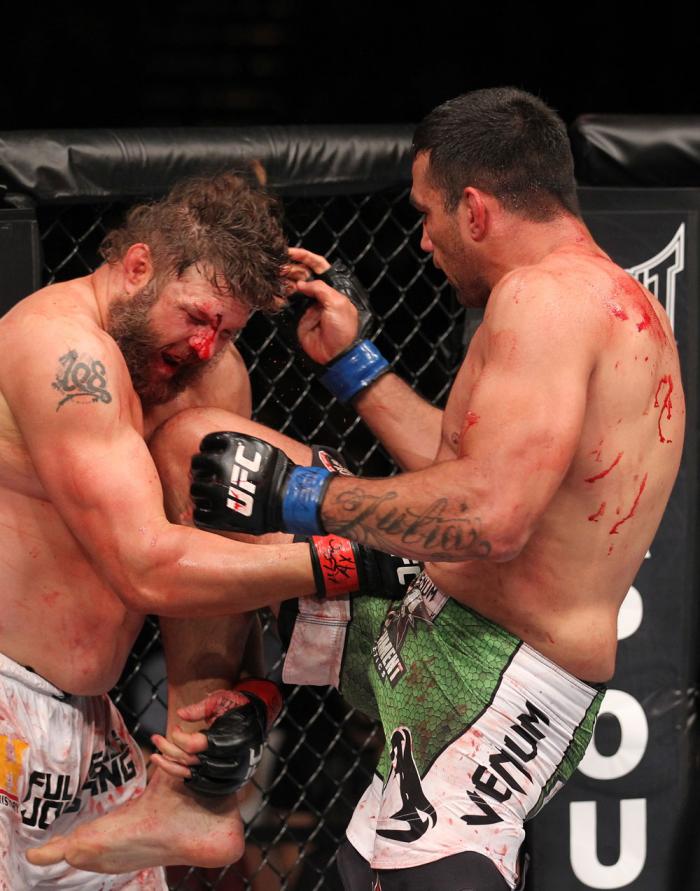 LAS VEGAS, NV - FEBRUARY 04: Fabricio Werdum (left) knees Roy Nelson during the UFC 143 event at Mandalay Bay Events Center on February 4, 2012 in Las Vegas, Nevada. (Photo by Nick Laham/Zuffa LLC/Zuffa LLC via Getty Images) *** Local Caption *** Fabric