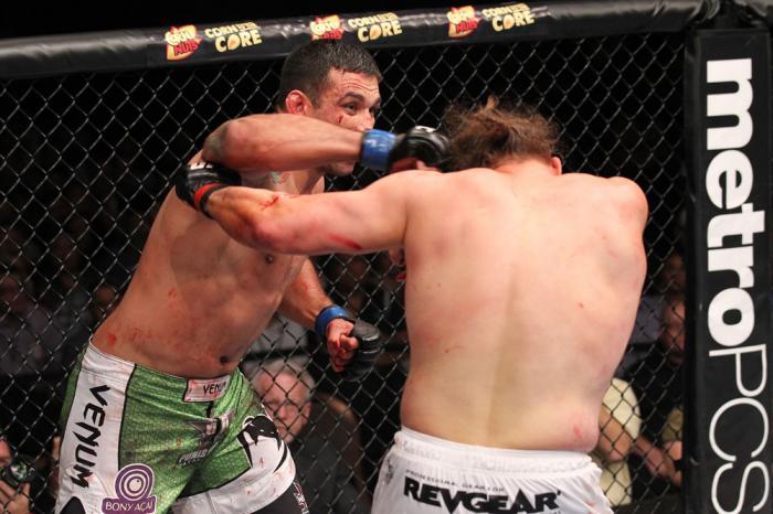 LAS VEGAS, NV - FEBRUARY 04: Fabricio Werdum (left) punches Roy Nelson during the UFC 143 event at Mandalay Bay Events Center on February 4, 2012 in Las Vegas, Nevada. (Photo by Nick Laham/Zuffa LLC/Zuffa LLC via Getty Images) *** Local Caption *** Fabr