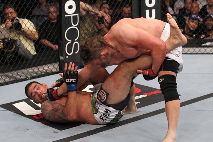 LAS VEGAS, NV - FEBRUARY 04: Roy Nelson (right) punches Fabricio Werdum during the UFC 143 event at Mandalay Bay Events Center on February 4, 2012 in Las Vegas, Nevada. (Photo by Nick Laham/Zuffa LLC/Zuffa LLC via Getty Images) *** Local Caption *** Roy