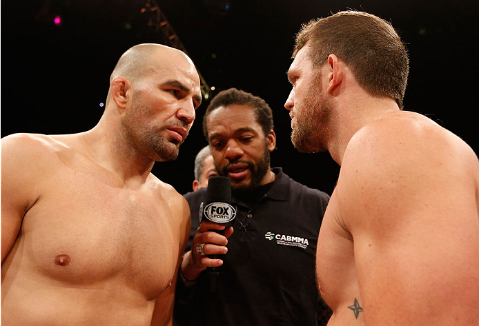 BELO HORIZONTE, BRAZIL - SEPTEMBER 04: (L-R) Opponents Glover Teixeira and Ryan Bader face off before their light heavyweight fight during the UFC on FOX Sports 1 event at Mineirinho Arena on September 4, 2013 in Belo Horizonte, Brazil. (Photo by Josh He