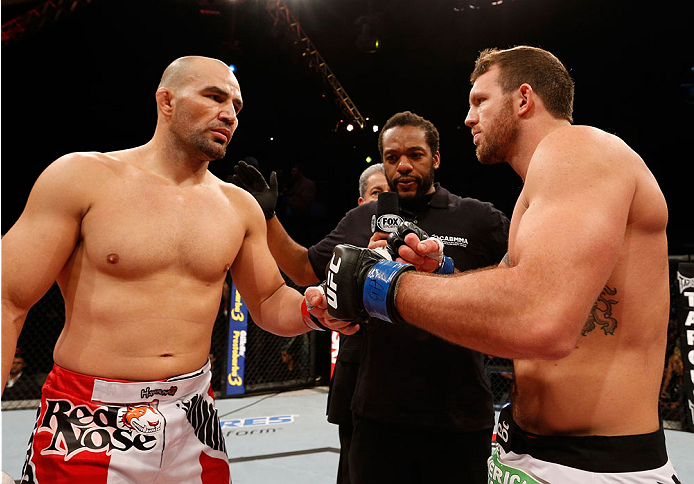 BELO HORIZONTE, BRAZIL - SEPTEMBER 04: (L-R) Opponents Glover Teixeira and Ryan Bader face off before their light heavyweight fight during the UFC on FOX Sports 1 event at Mineirinho Arena on September 4, 2013 in Belo Horizonte, Brazil. (Photo by Josh He