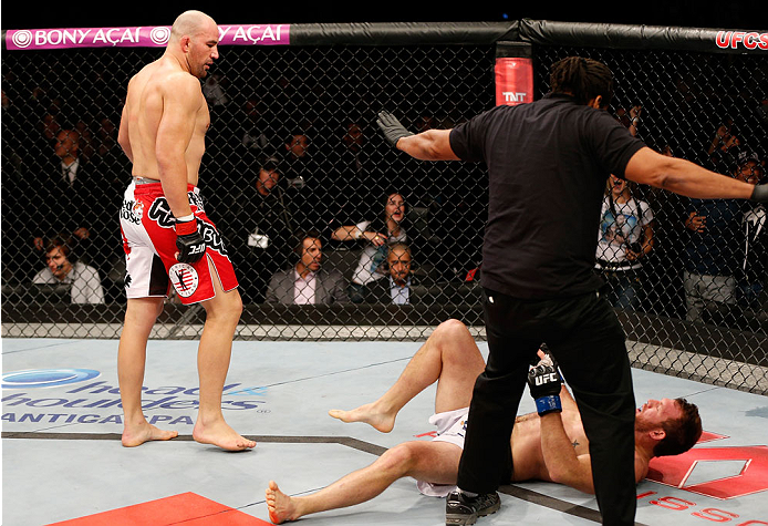 BELO HORIZONTE, BRAZIL - SEPTEMBER 04: Glover Teixeira (L) reacts after knocking out Ryan Bader in their light heavyweight fight during the UFC on FOX Sports 1 event at Mineirinho Arena on September 4, 2013 in Belo Horizonte, Brazil. (Photo by Josh Hedge