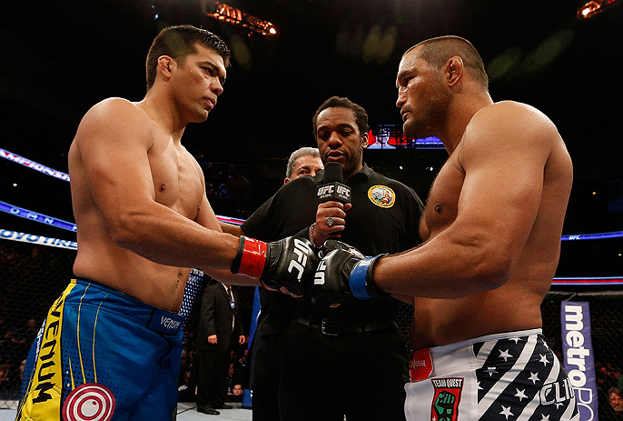 ANAHEIM, CA - FEBRUARY 23: Lyoto Machida (left) and Dan Henderson (right) touch gloves in their light heavyweight bout during UFC 157 at Honda Center on February 23, 2013 in Anaheim, California. (Photo by Josh Hedges/Zuffa LLC/Zuffa LLC via Getty Images
