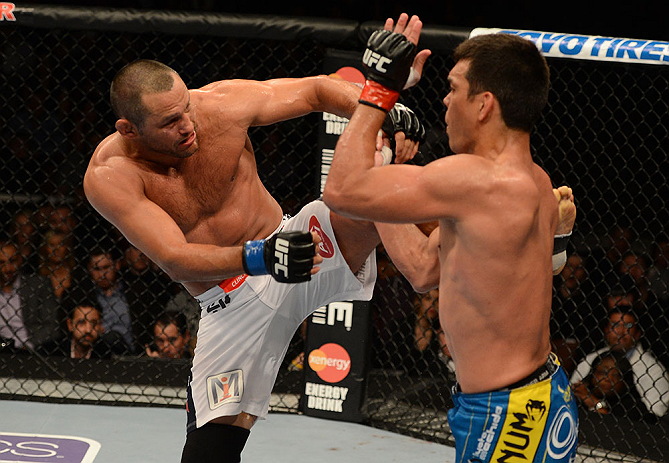 ANAHEIM, CA - FEBRUARY 23: (L-R) Dan Henderson kicks Lyoto Machida in their light heavyweight bout during UFC 157 at Honda Center on February 23, 2013 in Anaheim, California. (Photo by Donald Miralle/Zuffa LLC/Zuffa LLC via Getty Images) *** Local Capti