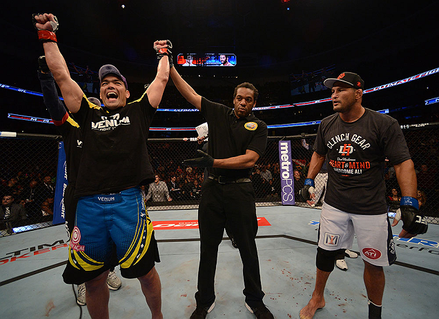 ANAHEIM, CA - FEBRUARY 23: Lyoto Machida (left) reacts to being declared the winner over Dan Henderson in their light heavyweight bout during UFC 157 at Honda Center on February 23, 2013 in Anaheim, California. (Photo by Donald Miralle/Zuffa LLC/Zuffa L