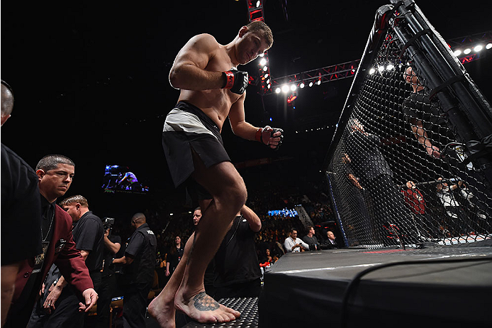 LAS VEGAS, NV - JANUARY 02: Stipe Miocic walks into the Octagon to face Andrei Arlovski in their heavyweight bout during the UFC 195 event inside MGM Grand Garden Arena on January 2, 2016 in Las Vegas, Nevada. (Photo by Jeff Bottari/Zuffa LLC/Zuffa LLC v