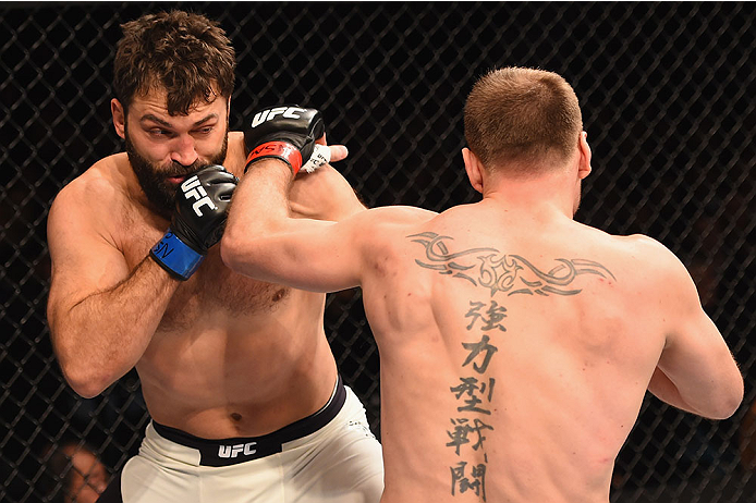 LAS VEGAS, NV - JANUARY 02: (L-R) Andrei Arlovski punches Stipe Miocic in their heavyweight bout during the UFC 195 event inside MGM Grand Garden Arena on January 2, 2016 in Las Vegas, Nevada. (Photo by Josh Hedges/Zuffa LLC/Zuffa LLC via Getty Images)