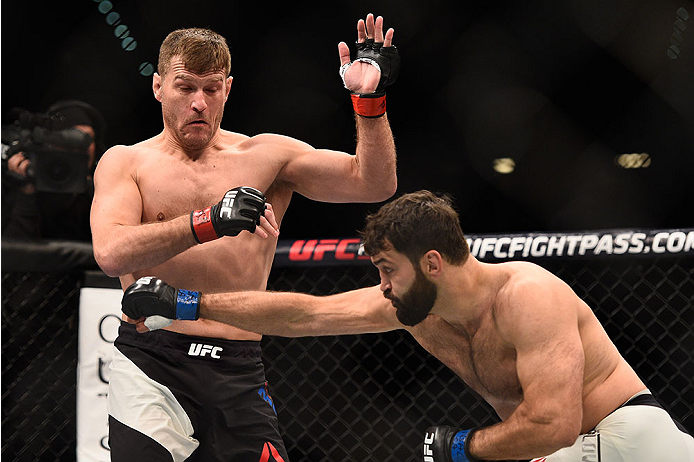 LAS VEGAS, NV - JANUARY 02: (R-L) Andrei Arlovski punches Stipe Miocic in their heavyweight bout during the UFC 195 event inside MGM Grand Garden Arena on January 2, 2016 in Las Vegas, Nevada. (Photo by Jeff Bottari/Zuffa LLC/Zuffa LLC via Getty Images)