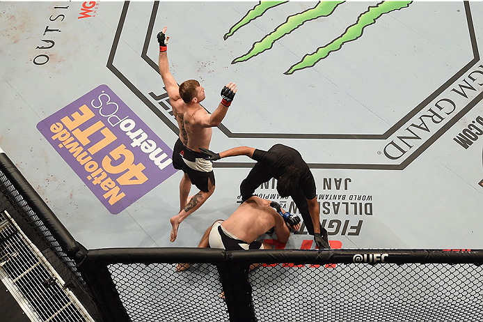 LAS VEGAS, NV - JANUARY 02: An overhead view of the Octagon as Stipe Miocic reacts to his victory over Andrei Arlovski during the UFC 195 event inside MGM Grand Garden Arena on January 2, 2016 in Las Vegas, Nevada. (Photo by Josh Hedges/Zuffa LLC/Zuffa L
