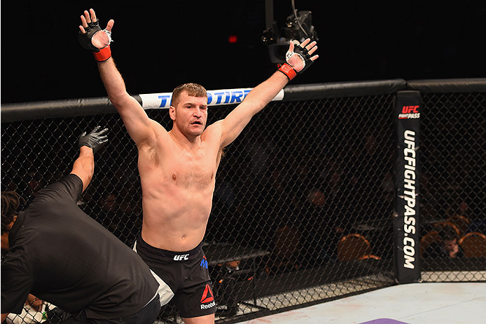 LAS VEGAS, NV - JANUARY 02: Stipe Miocic reacts to his victory over Andrei Arlovski in their heavyweight bout during the UFC 195 event inside MGM Grand Garden Arena on January 2, 2016 in Las Vegas, Nevada. (Photo by Josh Hedges/Zuffa LLC/Zuffa LLC via Ge