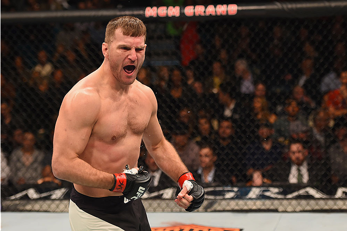 LAS VEGAS, NV - JANUARY 02: Stipe Miocic reacts to his victory over Andrei Arlovski in their heavyweight bout during the UFC 195 event inside MGM Grand Garden Arena on January 2, 2016 in Las Vegas, Nevada. (Photo by Josh Hedges/Zuffa LLC/Zuffa LLC via G