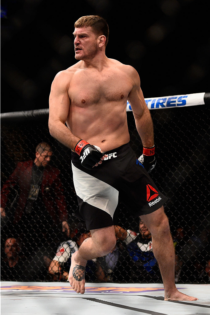 LAS VEGAS, NV - JANUARY 02: Stipe Miocic reacts to his victory over Andrei Arlovski in their heavyweight bout during the UFC 195 event inside MGM Grand Garden Arena on January 2, 2016 in Las Vegas, Nevada. (Photo by Jeff Bottari/Zuffa LLC/Zuffa LLC via