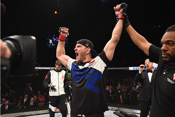 LAS VEGAS, NV - JANUARY 02: Stipe Miocic reacts to his victory over Andrei Arlovski in their heavyweight bout during the UFC 195 event inside MGM Grand Garden Arena on January 2, 2016 in Las Vegas, Nevada. (Photo by Josh Hedges/Zuffa LLC/Zuffa LLC via G