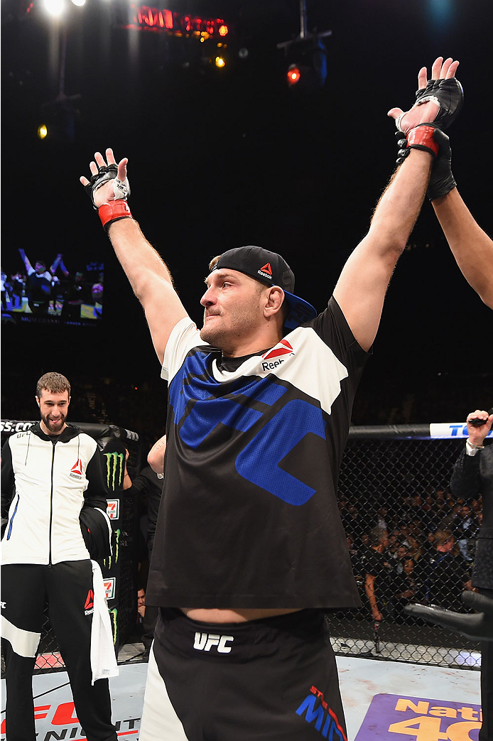 LAS VEGAS, NV - JANUARY 02: Stipe Miocic reacts to his victory over Andrei Arlovski in their heavyweight bout during the UFC 195 event inside MGM Grand Garden Arena on January 2, 2016 in Las Vegas, Nevada. (Photo by Josh Hedges/Zuffa LLC/Zuffa LLC via G