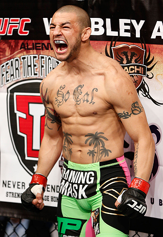 LONDON, ENGLAND - FEBRUARY 16: Cub Swanson stands in the Octagon before his featherweight fight against Dustin Poirier during the UFC on Fuel TV event on February 16, 2013 at Wembley Arena in London, England. (Photo by Josh Hedges/Zuffa LLC/Zuffa LLC vi