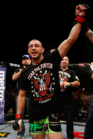 LONDON, ENGLAND - FEBRUARY 16: Cub Swanson reacts after defeating Dustin Poirier in their featherweight fight during the UFC on Fuel TV event on February 16, 2013 at Wembley Arena in London, England. (Photo by Josh Hedges/Zuffa LLC/Zuffa LLC via Getty I