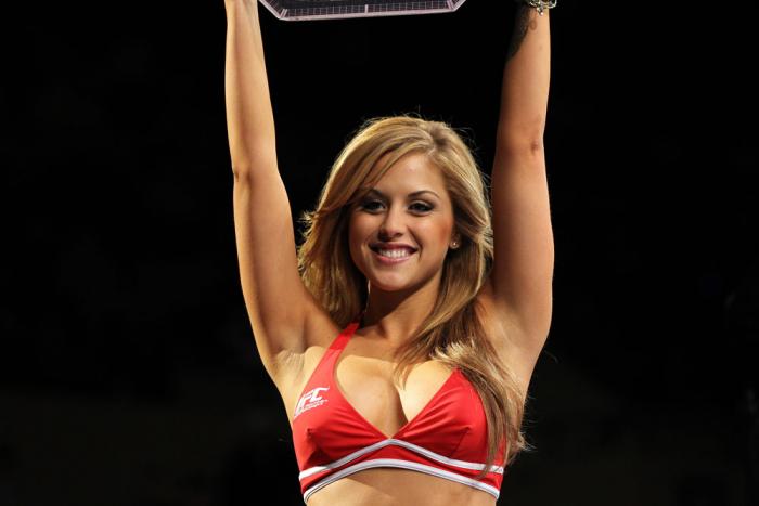 OMAHA, NE - FEBRUARY 15: UFC Octagon Girl Brittney Palmer introduces round one before the Brookins v Rocha bout during the UFC on FUEL TV event at Omaha Civic Auditorium on February 15, 2012 in Omaha, Nebraska. (Photo by Josh Hedges/Zuffa LLC/Zuffa LLC