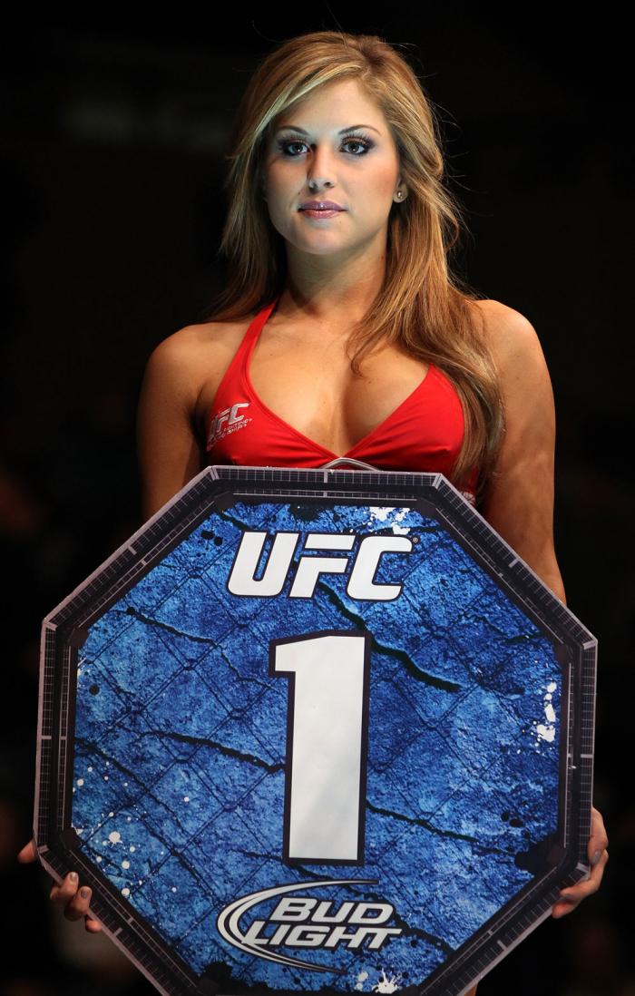 OMAHA, NE - FEBRUARY 15: UFC Octagon Girl Brittney Palmer introduces round one before the Brookins v Rocha bout during the UFC on FUEL TV event at Omaha Civic Auditorium on February 15, 2012 in Omaha, Nebraska. (Photo by Josh Hedges/Zuffa LLC/Zuffa LLC