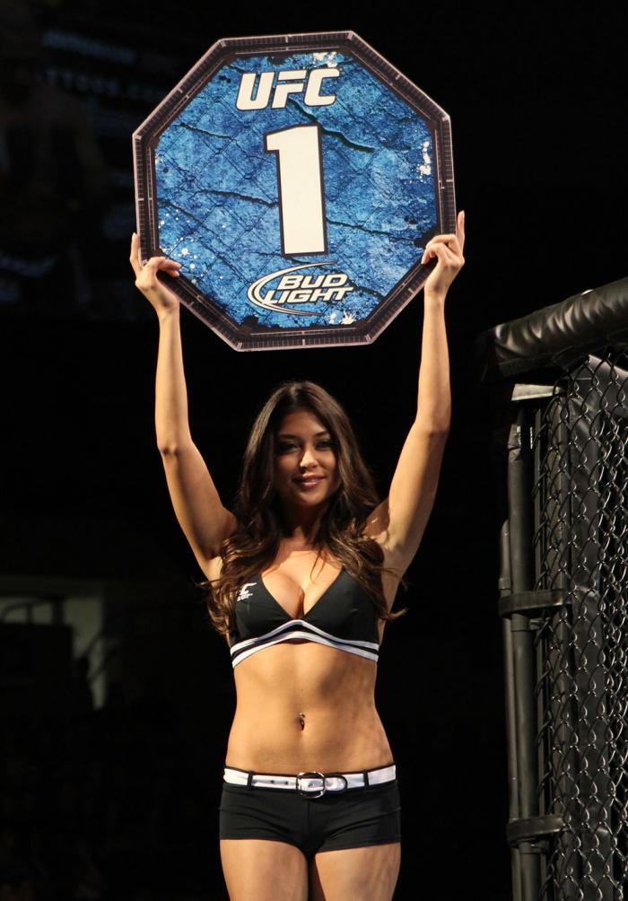 OMAHA, NE - FEBRUARY 15: UFC Octagon Girl Brittney Palmer introduces round one before the Menjivar v Albert bout during the UFC on FUEL TV event at Omaha Civic Auditorium on February 15, 2012 in Omaha, Nebraska. (Photo by Josh Hedges/Zuffa LLC/Zuffa LLC