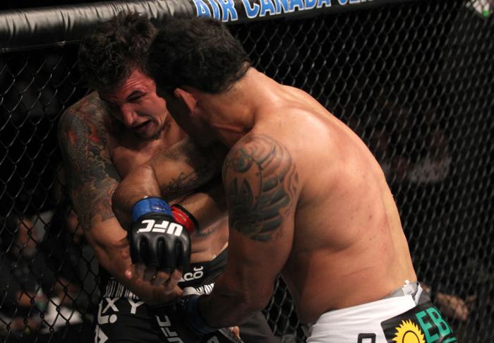 TORONTO, ON - DECEMBER 10: (R-L) Antonio Rodrigo Nogueira lands an elbow against Frank Mir during the UFC 140 event at Air Canada Centre on December 10, 2011 in Toronto, Ontario, Canada. (Photo by Nick Laham/Zuffa LLC/Zuffa LLC via Getty Images)