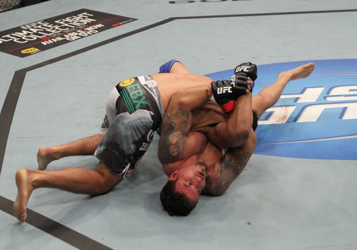 TORONTO, ON - DECEMBER 10: Frank Mir (bottom) secures an arm lock against Antonio Rodrigo Nogueira during the UFC 140 event at Air Canada Centre on December 10, 2011 in Toronto, Ontario, Canada. (Photo by Nick Laham/Zuffa LLC/Zuffa LLC via Getty Images)