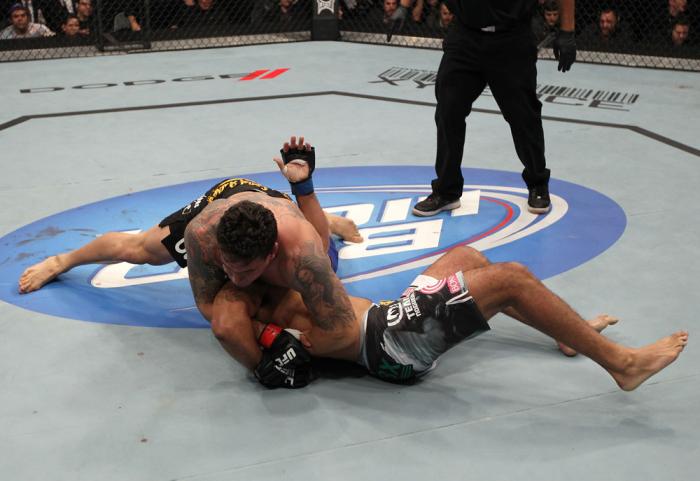 TORONTO, ON - DECEMBER 10: Frank Mir (top) defeats Antonio Rodrigo Nogueira by TKO due to a separated shoulder from an arm lock during the UFC 140 event at Air Canada Centre on December 10, 2011 in Toronto, Ontario, Canada. (Photo by Nick Laham/Zuffa LL