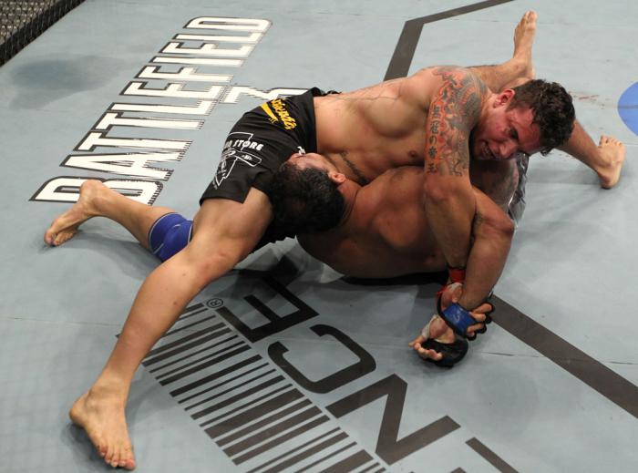 TORONTO, ON - DECEMBER 10: Frank Mir (top) secures an arm lock against Antonio Rodrigo Nogueira during the UFC 140 event at Air Canada Centre on December 10, 2011 in Toronto, Ontario, Canada. (Photo by Nick Laham/Zuffa LLC/Zuffa LLC via Getty Images)