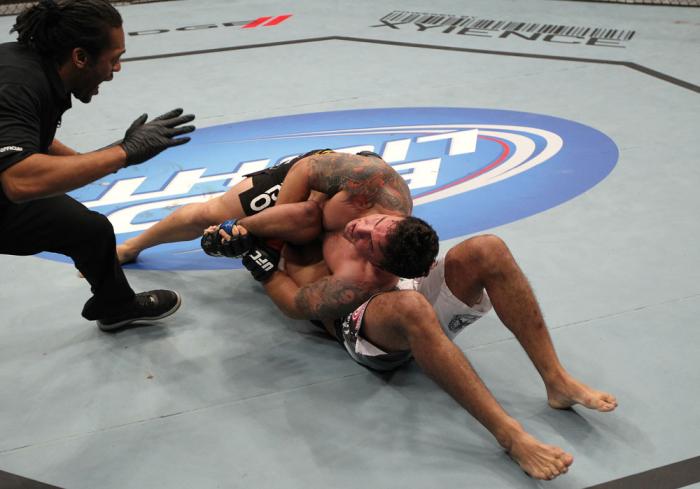 TORONTO, ON - DECEMBER 10: Frank Mir (top) defeats Antonio Rodrigo Nogueira by TKO due to a separated shoulder from an arm lock during the UFC 140 event at Air Canada Centre on December 10, 2011 in Toronto, Ontario, Canada. (Photo by Nick Laham/Zuffa LL