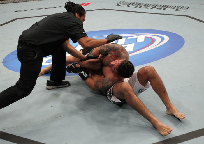 TORONTO, ON - DECEMBER 10: Frank Mir (top) defeats Antonio Rodrigo Nogueira by TKO due to a separated shoulder from an arm lock during the UFC 140 event at Air Canada Centre on December 10, 2011 in Toronto, Ontario, Canada. (Photo by Nick Laham/Zuffa LL