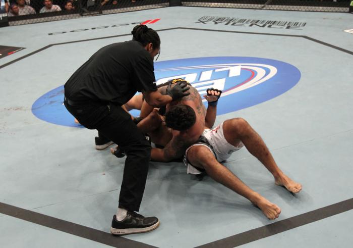 TORONTO, ON - DECEMBER 10: Frank Mir (top) defeats Antonio Rodrigo Nogueira by TKO due to a separated shoulder from an arm lock during the UFC 140 event at Air Canada Centre on December 10, 2011 in Toronto, Ontario, Canada. (Photo by Nick Laham/Zuffa LL