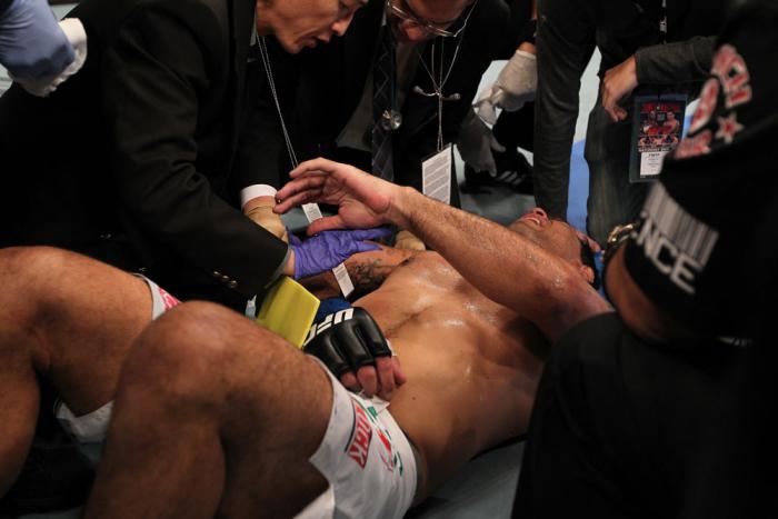 TORONTO, ON - DECEMBER 10: Antonio Rodrigo Nogueira receives treatment from the doctors after suffering a separated shoulder against Frank Mir during the UFC 140 event at Air Canada Centre on December 10, 2011 in Toronto, Ontario, Canada. (Photo by Nick